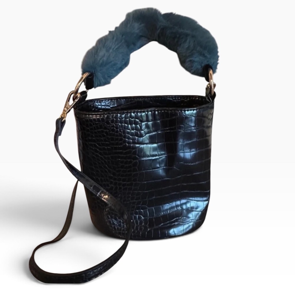 Anthropologie Croc Embossed Faux Fur Top Handle Bucket Bag Black Teal